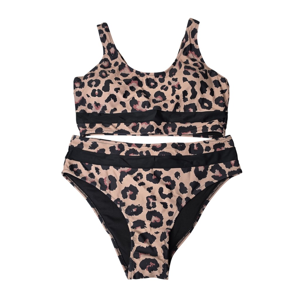 Beachsissi Swimsuit Women L Tan Leopard Two Piece Mesh High Waist Bikini Set